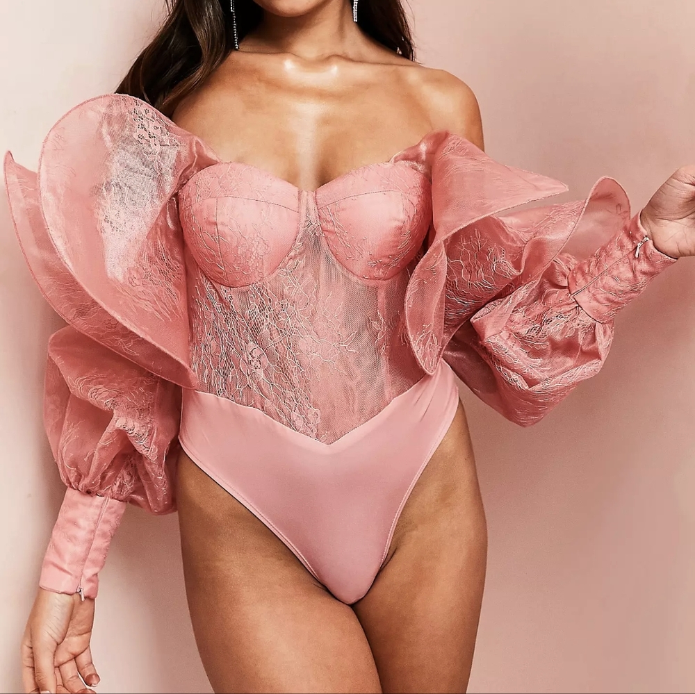 COPY - ASOS LUXE Design Lace Bodysuit with Wire Bardot in Salmon Blush Pink - S…